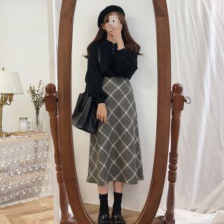 Plain Polo Collared Plain Sweater / High-waist Plaid Skirt