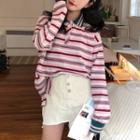 Long-sleeve Striped Collared Top As Shown In Figure - One Size
