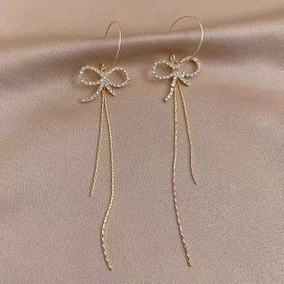 925 Sterling Silver Rhinestone Ribbon Fringed Earring 1 Pair - Hook Earrings - As Shown In Figure - One Size
