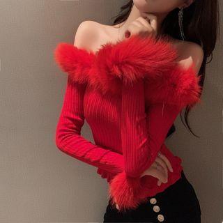 Cold Shoulder Fluffy Trim Knit Top