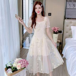 Puff-sleeve Lace Ruffled A-line Dress