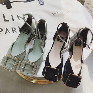 Square-toe Ankle Strap Dorsay Block Heel Pumps