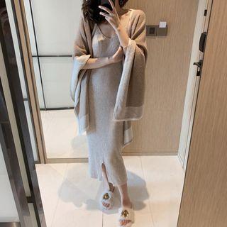 Plain Ribbed Knit Slipdress / Color-block Cape Jacket