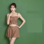Set: Ruffle Trim Bikini Top + Swim Skirt + Cover-up Jacket