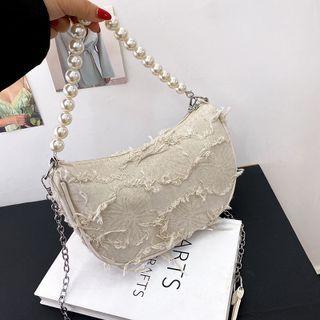 Fringed Faux Pearl Strap Shoulder Bag