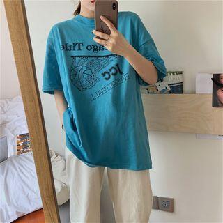 Short-sleeve Printed T-shirt Bluish Green - One Size
