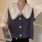 Peter Pan Collar Long-sleeve Shirt + Knit Sweater Vest