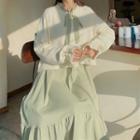 Drawstring Sweater / Long-sleeve Tiered A-line Midi Dress