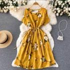 Short-sleeve Round-neck Floral Lace-up Strap Drawstring Dress