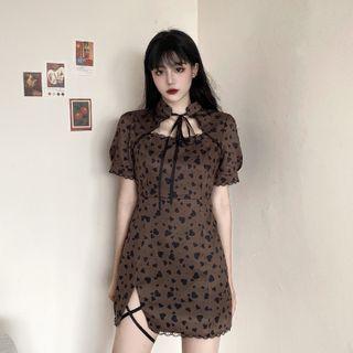 Short-sleeve Heart Print Mini Qipao