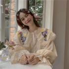 Flower-embroidered Lace-trim Shirt As Shown In Figure - One Size