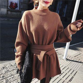 Mock-neck Knit Top With Belt Brown - One Size