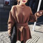 Mock-neck Knit Top With Belt Brown - One Size