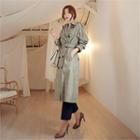 Raglan-sleeve Plaid Long Trench Coat With Belt Beige - One Size