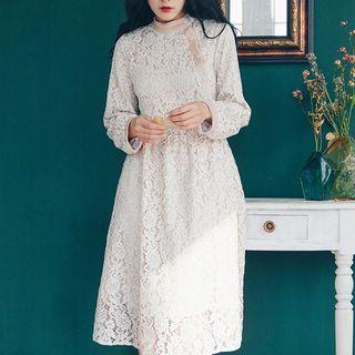 Long-sleeve Midi Lace-overlay A-line Dress