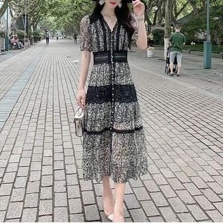 Short-sleeve Lace Trim Print Midi Dress / Long-sleeve Midi Dress