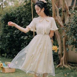 Floral Embroidered Short-sleeve Mesh Overlay Midi A-line Dress