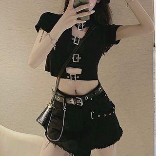 Short Sleeve Buckled Keyhole Crop T-shirt / High Waist Skort / Belt