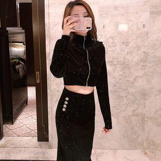 Set: Long-sleeve Velvet Crop Top + Midi Sheath Skirt