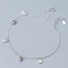 925 Sterling Silver Bead Rhinestone Heart Anklet Silver - One Size