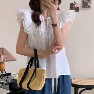 Pleated Sleeve Eyelet Shirt White - One Size