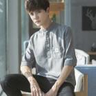Pinstriped Stand Collar Elbow-sleeve Shirt