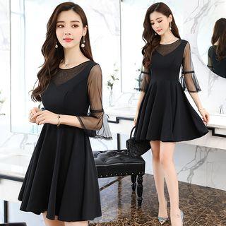 Mesh Panel Elbow Sleeve A-line Dress