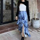 Long-sleeve Cropped T-shirt With Camisole Top / Irregular Midi Skirt