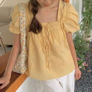 Puff Sleeve Square Neck Lace-up Top