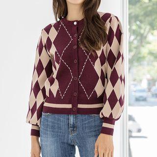 Faux-pearl Bishop-sleeve Argyle-knit Cardigan