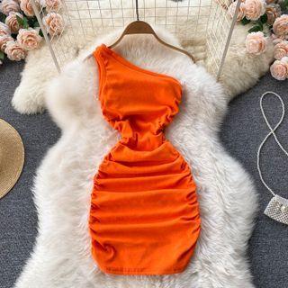 Off-shoulder Ruched Plain Sleeveless Dress