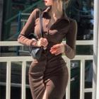 Lapel Button-up Long-sleeve Knit Dress