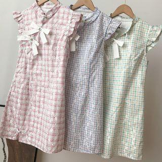 Sleeveless Bow Panel Plaid Qipao Dress