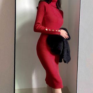 Turtleneck Ribbed Long-sleeve Slim-fit Midi Dress