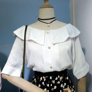 Faux Pearl Button Elbow-sleeve Blouse
