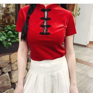 Mandarin Collar Short Sleeve Velvet Top