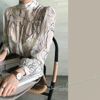 High-neck Printed Chiffon Blouse Ivory - One Size