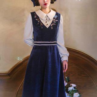 Long-sleeve Floral Embroidered Collared Midi A-line Dress