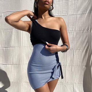 One-shoulder Asymmetrical Mini Sheath Dress / Crop Tank Top / Set