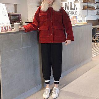 Faux Fur Collar Oversized Jacket / Striped Jogger Pants