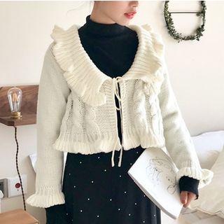 Ruffle Trim Cable Knit Cropped Cardigan