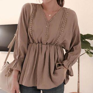 V-neck Lace Trim Blouse As Shown In Figure - One Size
