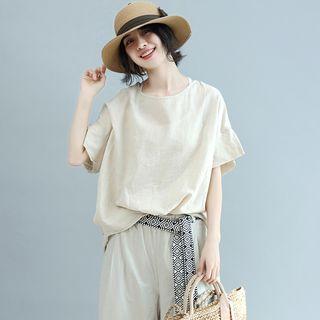 Elbow-sleeve Plain T-shirt Beige - One Size