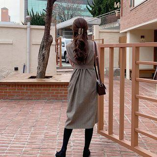 V-neck Checked Pinafore Dress With Sash Brown - One Size
