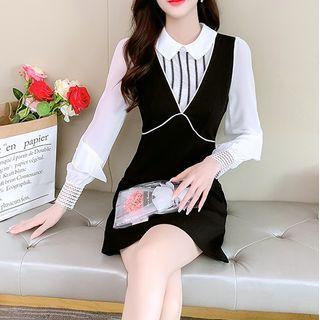 Long-sleeve Two-tone Mock Two-piece Dress