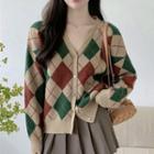 Long-sleeve Color Block Argyle Sweater Jacket Khaki - One Size