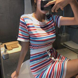 Set: Striped Short-sleeve Top + Fitted Skirt Stripe - Red & Blue - One Size