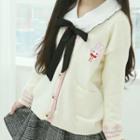 Bunny-embroidery Ringer Knit Cardigan Ivory - One Size