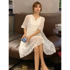 Set: Short-sleeve Lace Midi A-line Dress + Slipdress Lace Dress - White - One Size / Slipdress - White - One Size