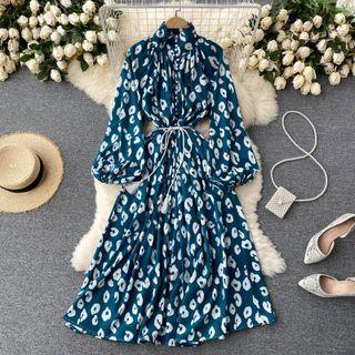 Stand-collar Puff-sleeve Print Dress Dark Blue - One Size